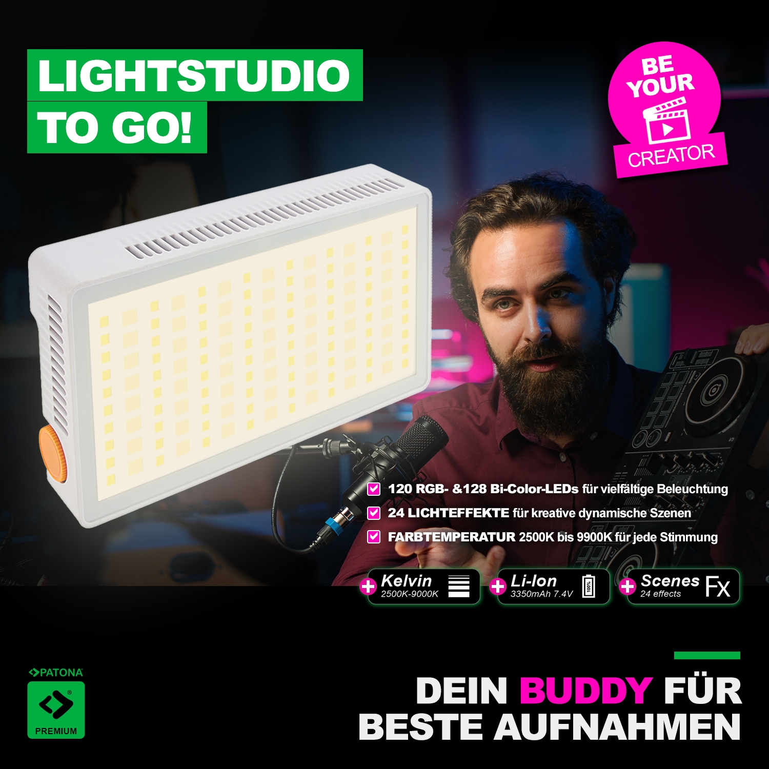 PATONA Premium LED Foto und Videolicht 40W mit 120 RGB + 128 Bi-Color LEDs 24 Effekten inkl. Tasche