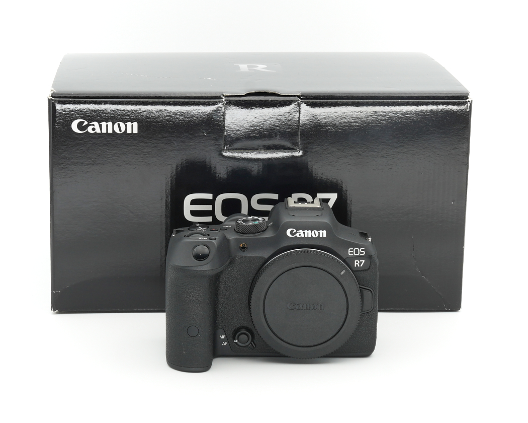 kamera, DSLR, Canon EOS R7, schwarz, verpackung