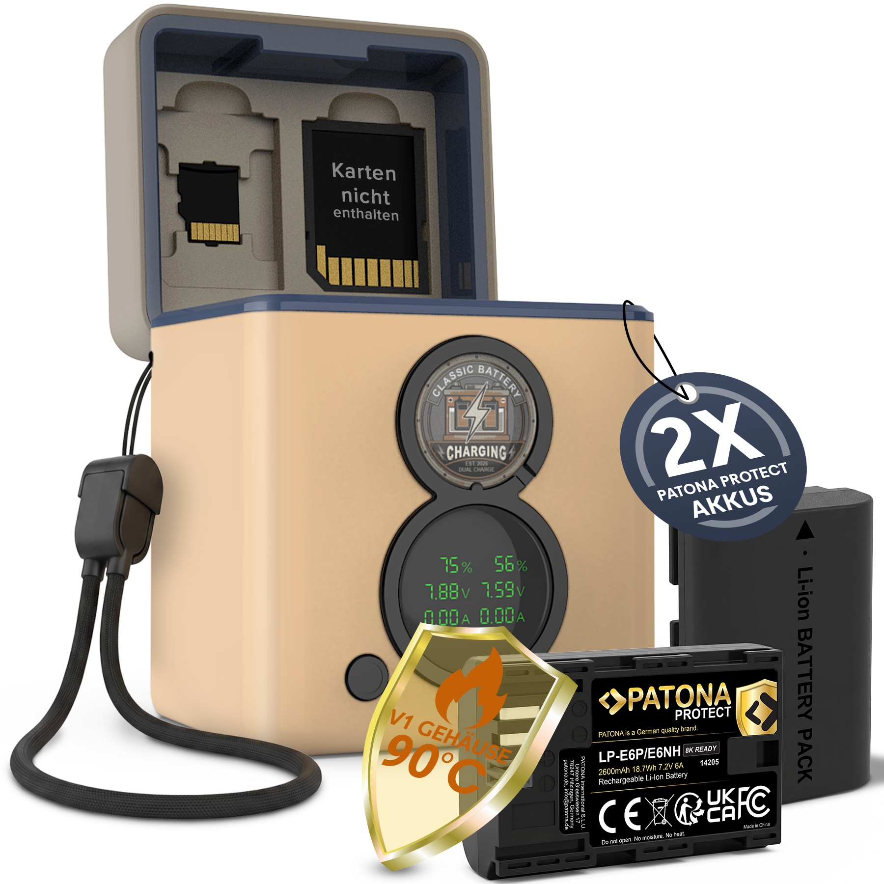 Batterie, Ladegerät, Anzeige, Tragehülle, Adapter