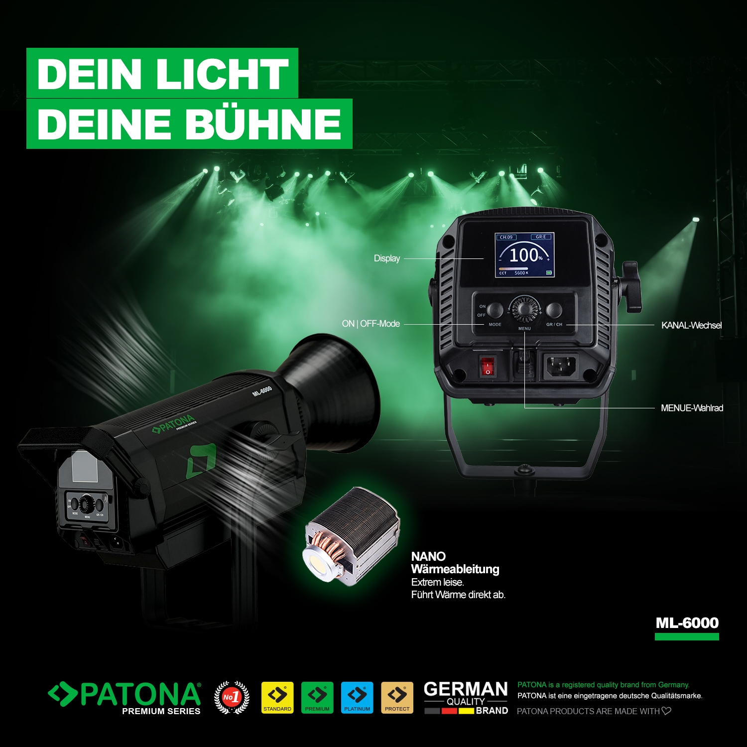 PATONA Premium LED professionelles Fotolicht Videolicht LED 600W COB ML-6000 inkl. Tragetasche