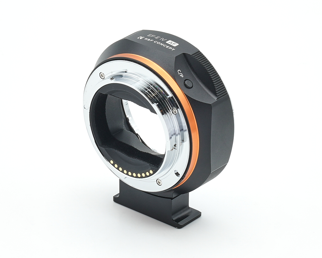 Kameralinsenadapter, Metallmontage, elektronische Kontakte, orangefarbener Ring, Montagefuß