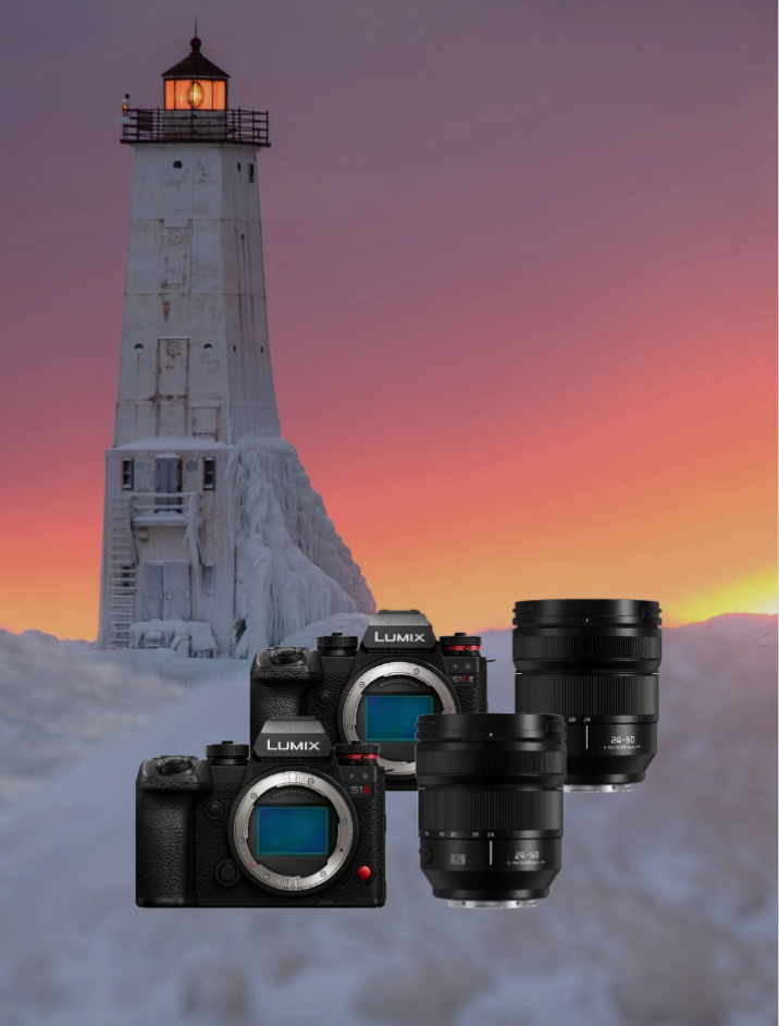 Kamera-Körper, Spiegellose Kamera, Objektive, Fotografie-Ausrüstung, Leuchtturm-Hintergrund