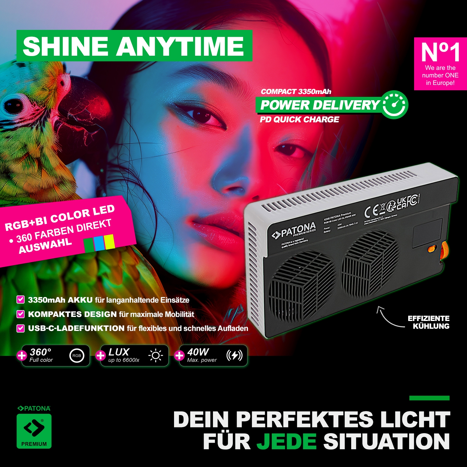 PATONA Premium LED Foto und Videolicht 40W mit 120 RGB + 128 Bi-Color LEDs 24 Effekten inkl. Tasche