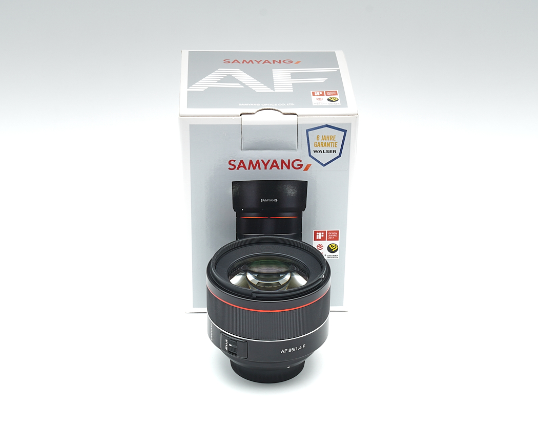 objektiv, kamera objektiv, af 85mm f/1.4, verpackung, samyang box